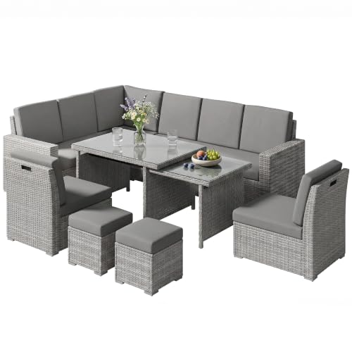 Image of Outsunny 10 Seater Rattan Dining Set with Expandable Table, Light Grey