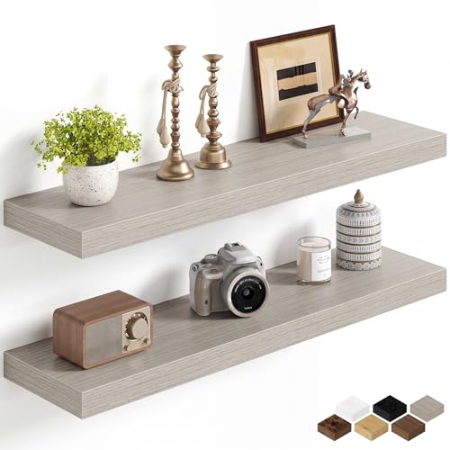 Image of Fun Memories 32Inch Floating Shelves for Wall, 8 Inch Deep Shelves for Bathroom|Bedroom|Kitchen Wall Mounted, Wood Hanging Shelf with Invisible Brackets for Home Storage Decor, Grey - 2 Pack