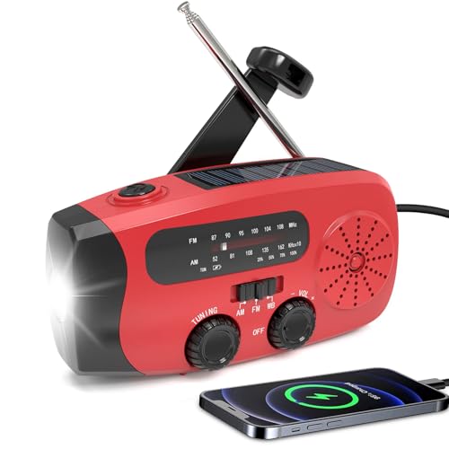Radio solaire d'urgence à manivelle, 2000 mAh, avec manivelle, lampe de poche LED intégrée, alarme SOS, AM/FM/WB, étanche IPX-3, 3 voies de charge, pour le camping et l'extérieur