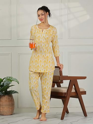 Image of 9shines Label Pure Cotton Printed Women Top & Pyjama Set | Pyjama co-ord Set | Night Suit | Lounge wear for Home | Nightwear Set for Women | Night Dress for Women Stylish (COPJ-5)