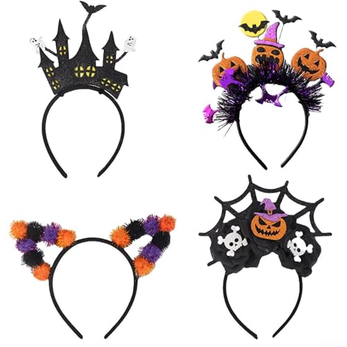 Zeroupshop Lot de 4 bandeaux d'Halloween, coiffe amusante, pour enfants et adultes, décoration de fête citrouille, fantômes, accessoire de costume (A)