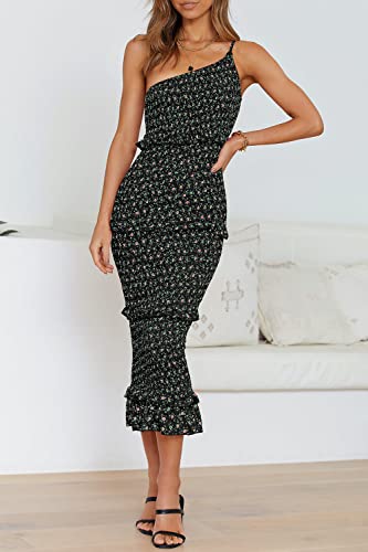 Image of PRETTYGARDEN Women's Summer Midi Bodycon Dresses One Shoulder Strappy Tiered Ruffle Floral Boho Sun Dress