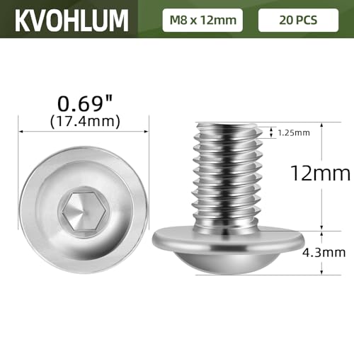 Image of M8-1.25 x 12mm 20 PCS Flanged Button Head Socket Cap Bolts Screws, Stainless Steel 304, Allen Socket Drive, Screwdriver Bit Included, Bright Finish, Fully Machine Thread