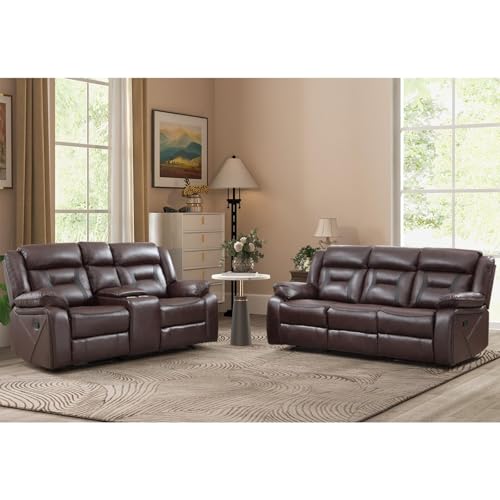 Image of EBELLO Manual Recliner Sofa Set, Faux Leather Reclining Living Room Furniture Set, Included Loveseat and 3 Seat Manual Recliner Sofa, Dark Brown(Loveseat+Sofa)