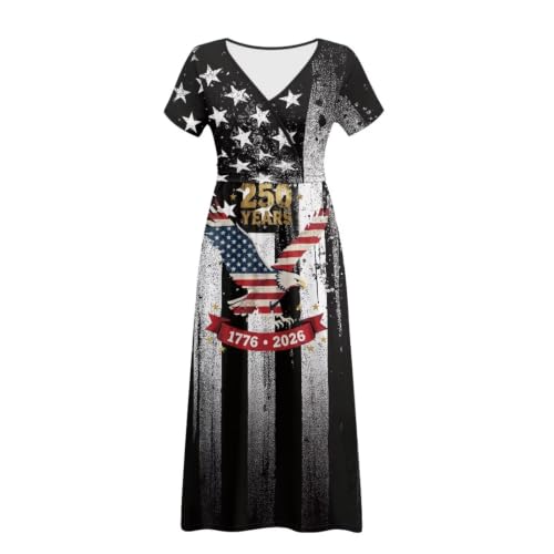 Image of Women's Fall Summer Short Sleeve Ankle Length V-Neck Party Dress with Pockets Size S-3XL