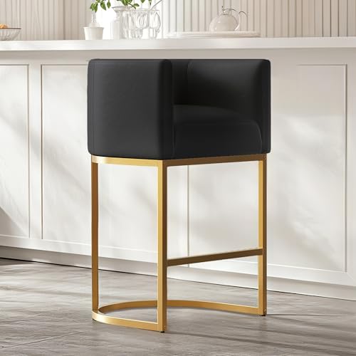 Butaco Moderno de Altura Mostrador 26", Tapizado en Cuero Sintético Negro con Estructura Metálica Dorada miniatura 1