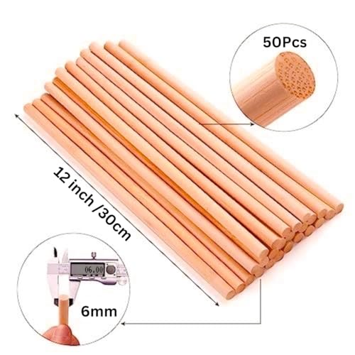 Image of BLOOMAX 6MM x 12 INCH | 50 PCS Wooden Dowel RODS | Unfinished Natural Hardwood Round Craft Sticks for DIY Art, Craft, Model & School Projects