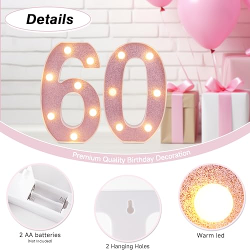Image of Led Light Up Numbers, 60th Birthday Decorations, Marquee Numbers Lights, Battery Powered Light Up Sign for 30 Decor Party (Pink Glitter)