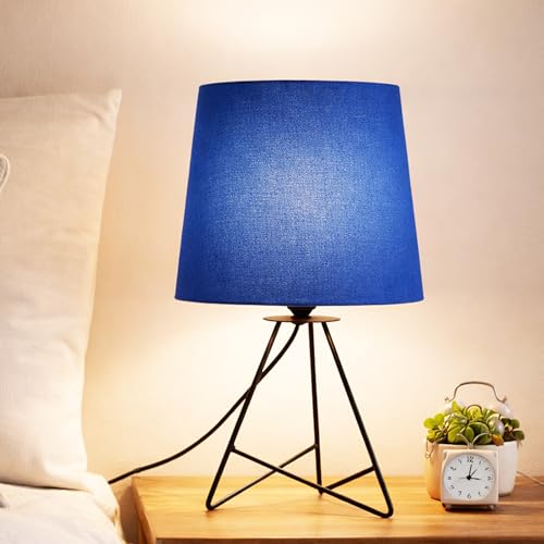 Image of Modern Black Tripod Table Lamp with Taper Fabric Shade | Metal Base Bedside Lamp for Bedroom, Living Room, Study, Office & Nightstand | Decorative Table Light (Blue)