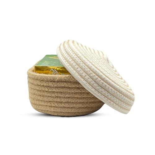 Image of BOBBINY Jute Cotton Tissue Box Holder, Handcrafted Tissue Container for 100 Pulls Natural Tissue Holder for Office Living Bedroom Car Desk Dining Table Home Decor (Off White & Brown, Design 5)