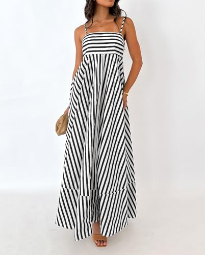 Image of Women Striped Maxi Dress Smocked Backless Spaghetti Strap Long Flowy Dress Sleeveless Boho Aline Sundress