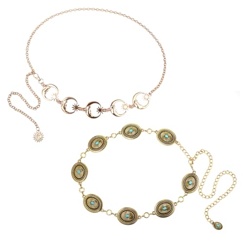 SKEPO Women's Concho Chain Belt - Adjustable Western-Inspired Boho Vintage Belts for Dresses Jeans Country Concert Outfit