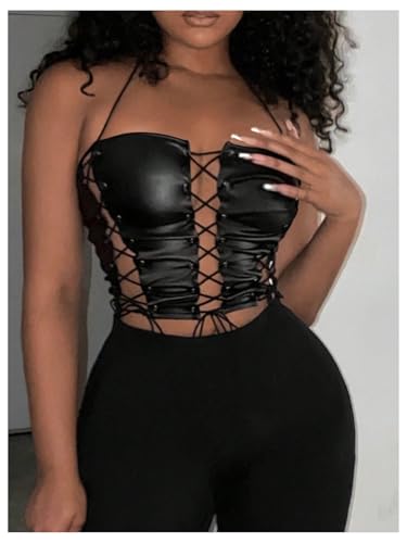 WDIRARA Women's PU Leather Lace Up Halter Top Sleeveless Tie Backless Crop Tops Party Clubwear3