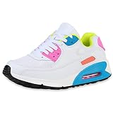 VAN HILL Unisex Damen Herren Laufschuhe Sportschuhe Flache Schuhe Sportliche Schnürer Transparente Profil-Sohle Schnürschuhe 201365 Weiss Blau Neon Pink 37