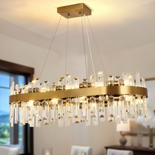Image of KUNYEEE Modern Crystal Pendant Light Gold Chandelier, Oval Crystal Pendant Light, 20 x E14 Ceiling Suspension for Living Room, Dining Room, Bedroom, 80x35 cm