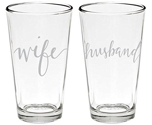 Wife and Husband, Set of 2, Wedding Party Pint Beer Glasses, 16 oz