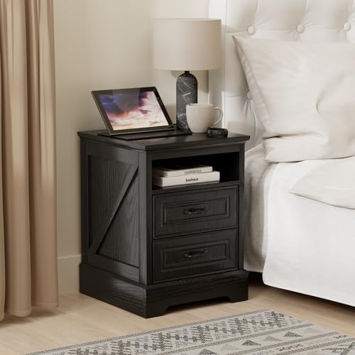 Image of Eongdon Nightstand with Charging Station, 18 inchW x 24 inchH Farmhouse Rustic Bedside End Table , 2 Storage Storage Drawers & Open Compartment, Wooden Side Cabinet for Bedroom, Entryway, Living Room (Black)