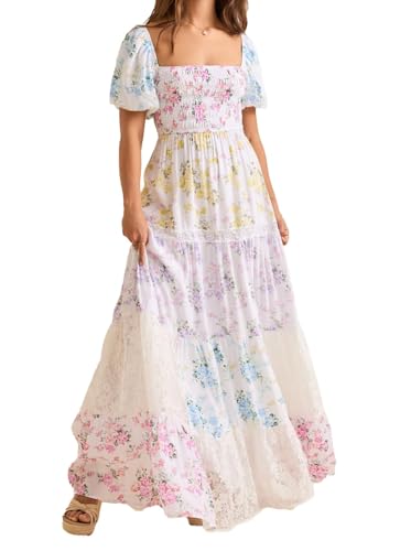 Womens Boho Floral Patchwork Maxi Dress Square Neck Smocked Puff Sleeve Lace Dresses Daytime Outfits