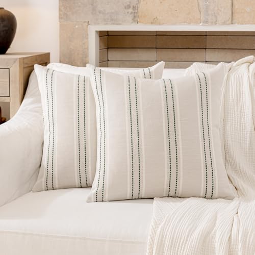 Image of Hckot Spring Throw Pillow Covers 16x16 Set of 2 Green Pillow Covers Farmhouse Decorative Pillows Textured Linen Square Cushion Covers for Sofa Couch Bed Living Room Decor(Dark Green)