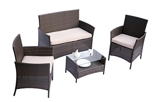Hq Outdoor Wicker Rattan Love Seat And Chairs And Table Sets 4pc Rattan Wicker Garden Lawn Patio Conversation Furniture Sets With Cushioned Seats Brown Buy Online In Belize Hq Products