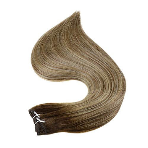 Image of Full Shine Weft Hair Extensions Human Hair 20 Inch 105G, Ombre Hair Weft, Invisible Sew In Hair Extensions, Medium Brown To Butter Blonde Mix Medium Brown, Thick Hair, Long Styling,Add Length