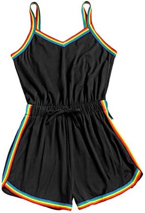 Milumia Women Casual Rainbow Stripe Print Cami Romper Knot High Waist Sport Jumpsuit Black Large