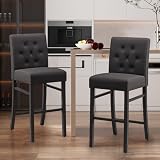 YEEFY 30' Counter Height Bar Stools Set of 2 with Back Fabric Modern Bar Chairs Barstools with Seat Height Upholstered Button Tufted Wooden Island Stools for Kitchen Counter Dining Room (2,Charcoal)