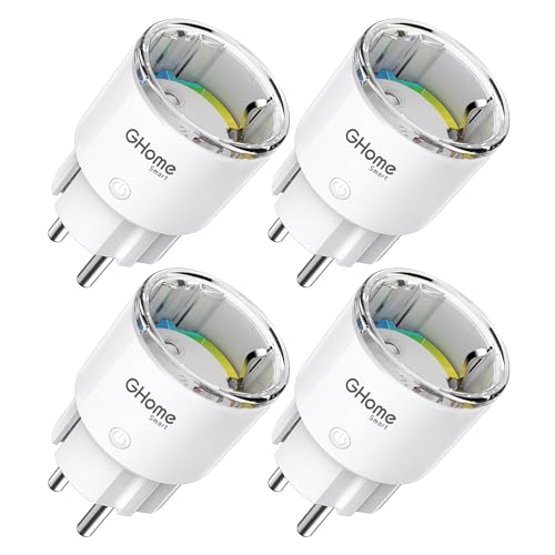 GHome Smart Steckdose mit Strommessung, Mini Wlan Steckdose kompatibel mit Alexa/Google Home, App Fernbedienung, Sprachsteuerung,Zeitplan, 10A,Nur 2,4GHz, TÜV-Zertifiziert (4 Packs)
