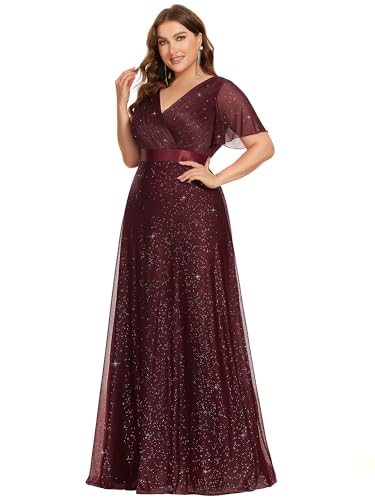 Image of Ever-Pretty Plus Women's Glitter Formal Dress Evening Gown for Gala V-Neck Short Sleeve Floor Length Plus Size Prom Dresses