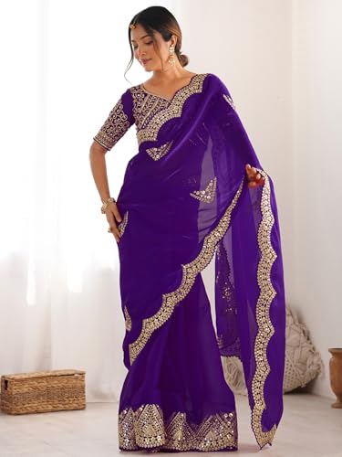 Image of Satrani Women's Tissue Silk Sequin Embroidery Scalloped Border Saree with Unstitched Blouse Piece