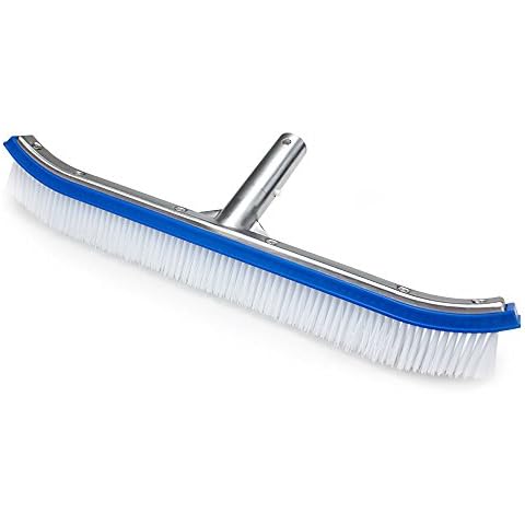 SplashTech 17-inch Aluminum-Back Curved Pool Wall Brush Head for Standard 1.25" Telescoping Poles, Silver, Blue, White Cover