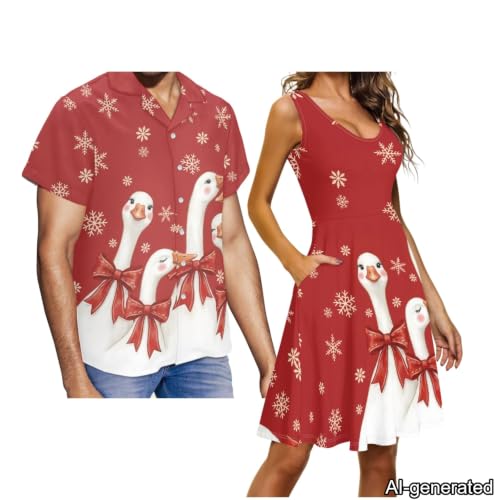 Image of Dreaweet Summer Dresses for Women A-Line Sleeveless Flowy Sun Dresses,Men's Casual Button-Down Shirts,Couple Matching Outfits