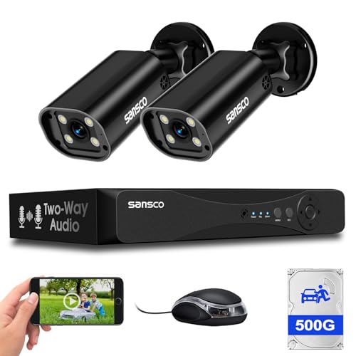 SANSCO 4CH CCTV Camera System with 2x5MP HD Cameras, Two-Way Audio, Dual Light (IR B&W/Full-Colour), Human/Vehicle/Face Detection, Pre-installed 500GB HDD, IP66 Weatherproof, 24/7 Recording