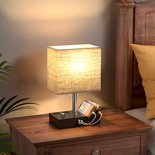 Kakanuo Table Lamp For Bedroom With Dual Usb Ports, Beige Fully Dimmable Bedside Lamp With Phone Stands And 2 Charging Outlets, Desk Lamp For Nightstand And Living Room, Led Bulb Included #TOP5