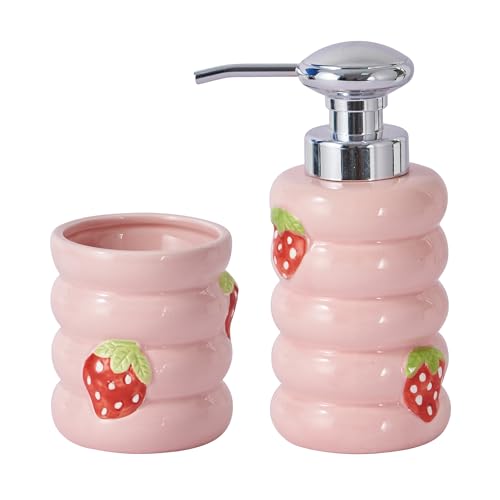 Pink Bathroom Accessories Set, 2PC Strawberry Soap Dispenser & Toothbrush Holder Set, Ceramic Bathroom Set, Cute Pink Bathroom Decor for Home, Housewarming Gifts