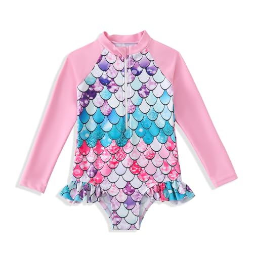 Kids Girls Swimsuit Long Sleeve One Piece Swimwear Zipper Bathing Suit UV Protection Rash Guard Swimming