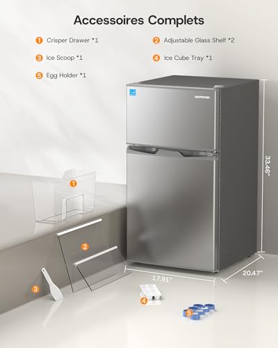 Image of Upstreman 3.1 Cu.Ft Mini Fridge with Freezer, Double Door Small Refrigerator, Adjustable Thermostat, Energy Star Certified Low Noise Mini Refrigerator for Bedroom, Dorm, Apartment Silver-TM31