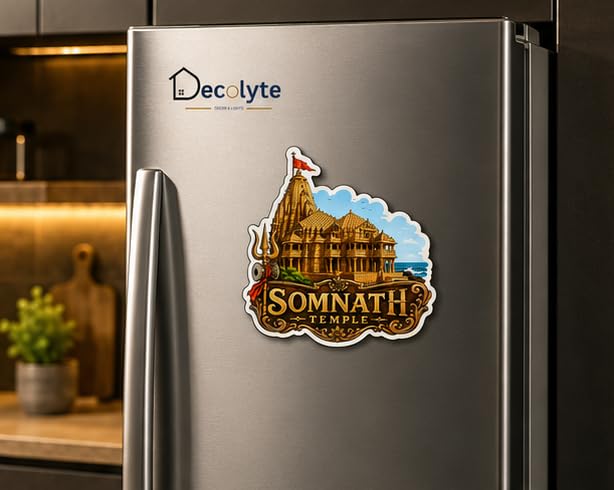 Image of Somnath Temple Theme Wooden Fridge Magnet Souvenir | 3x3 in Kitchen Home Decor Gift