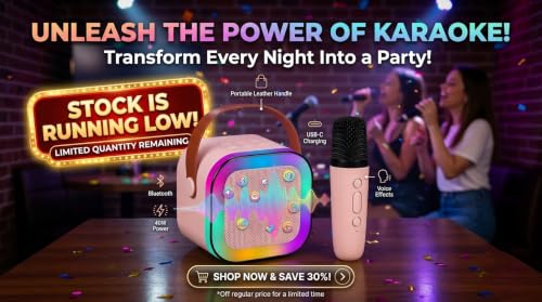 Image of MARVIC Portable Karaoke Bluetooth Speaker with Wireless Microphone Pink | MARVIC mini portable karaoke machine with wireless microphone vibrant RGB LED party lights and flexible carry handle