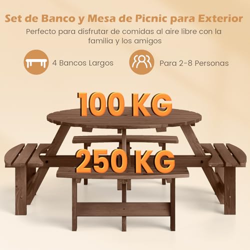 GOPLUS Conjunto de Mesa de Picnic Exterior, Mesa Redonda para Patio con 4 Bancos Integrados en Forma de Arco, Agujero para Sombrilla de 5 cm, para 8 Personas, Jardín Terraza Parque (Marrón) - imagen 4