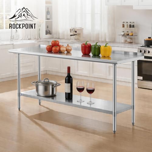 Image of ROCKPOINT SS 304 Top All Stainless Steel Table for Prep & Work with Backsplash 24x72 Inches, NSF Commercial Kitchen Heavy Duty Table with Adjustable Undershelf for Restaurant,Kitchen, Home and Hotel
