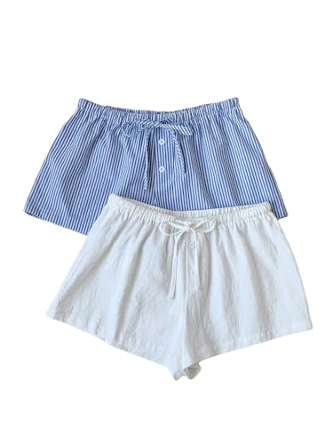 MakeMeChic Women's 2 Pack Linen Shorts Summer Beach Pajama Boxer Shorts Blue White Medium