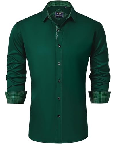 J.VER Herren Hemden Bügelfrei Regular Fit Oberhemden Herren Langarm Unifarben Stretch Freizeithemden Businesshemd Anzughemd,Dunkelgün,L