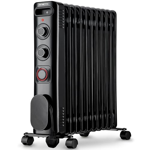 NETTA Oil Filled Radiator 2500W Portable Electric Heater with Thermostat & 24 Hour Timer 2 Power Settings Home Office Energy Efficiency – 11 Fin, Black