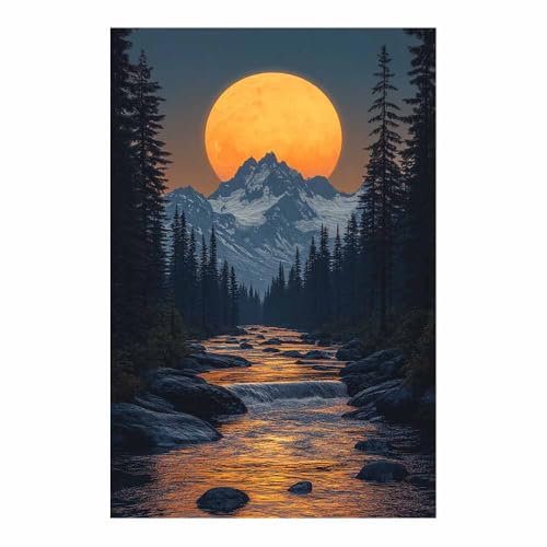 Affiche decoration murale chambre paysage lune orange et riviere