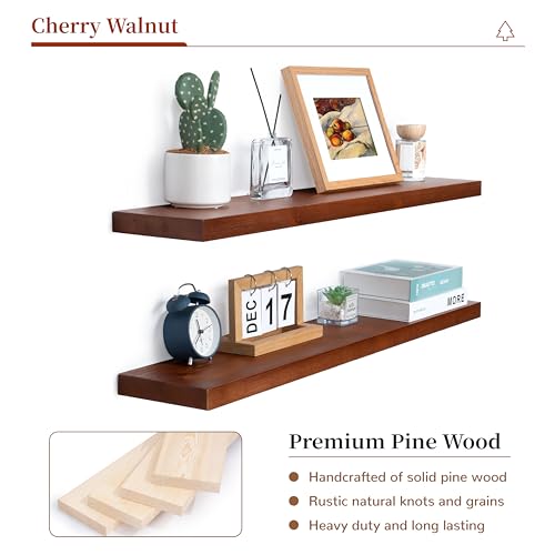 Image of Marsmiles Wood Floating Shelves | 36 Inch Mahogan Wall Shelves Set of 2 | 36 inch W x 6.7 inch D Rustic Wooden Shelves for Bathroom Kitchen Living Room Bedroom