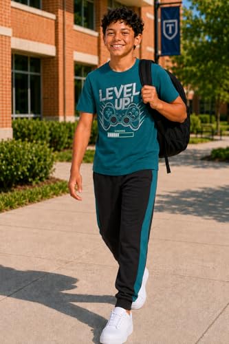 Image of Pro Athlete Boys Pants Set - 3 Piece Active Short Sleeve Graphic Tees Athletic Shorts and Jogger Sweatpants for Boys