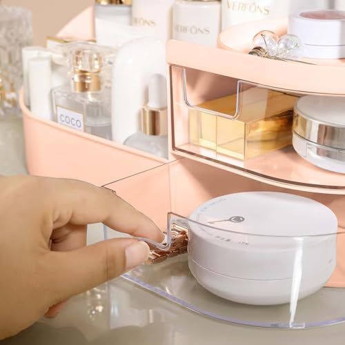 Image of ZUKU MakeUp Organizer Stand Desk Storage Dressing Table Organiser Cosmetic Organizer Box Skin Care Table Bathroom Organiser Makeup Storage Box Makeup Vanity with Transparent Drawer(Pink)