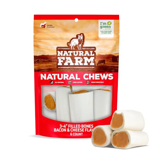 Natural Farm Bacon & Cheese Filled Bones (3-4 Inch 6 Pack) Limited Ingredient Natural Stuffed Dental Dog Bone Treats for Dogs Made with Real Beef