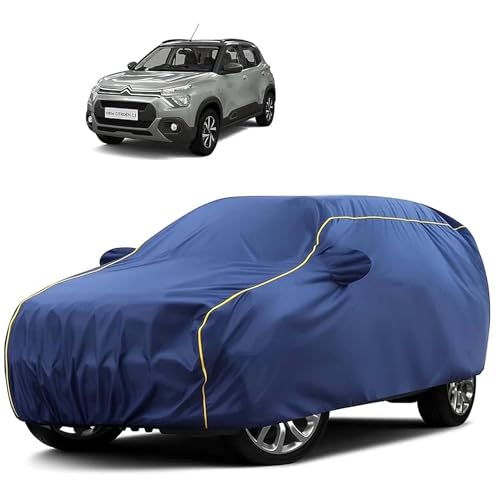 Image of Sulfar 100% Water Resistant Car Body Cover Compatible with Mirror for CITROEN C3 (Triple Stitched, Full Bottom Elastic, Blue Tafetta with Yellow Piping)